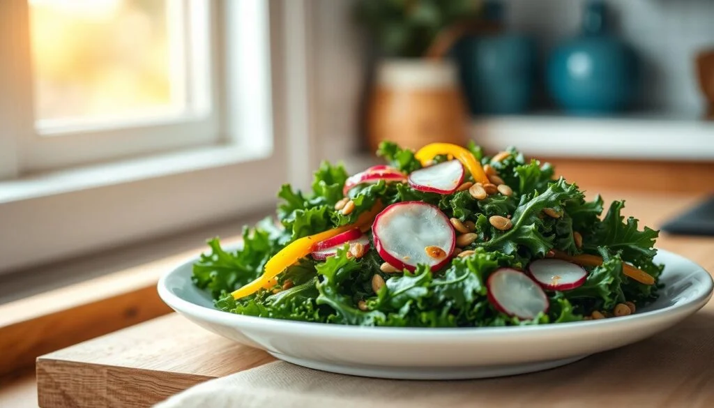 A meticulously prepared kale salad, its vibrant green leaves glistening with a light mist of high-quality olive oil, rests on a crisp, white ceramic plate. Thin slices of radish and slivers of yellow bell pepper add pops of color, complementing the earthy kale. A sprinkle of toasted sunflower seeds and a drizzle of tangy balsamic vinaigrette elevate the simple yet nourishing dish. The scene is set in a cozy, minimalist kitchen, with warm wooden textures and soft blue accents, illuminated by natural light filtering through a nearby window. The overall atmosphere exudes a sense of calm and well-being, inviting the viewer to appreciate the benefits of thoughtful meal prep.