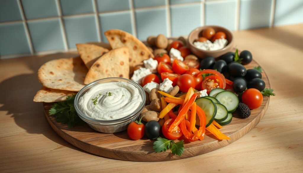 A mezze board filled with an assortment of Mediterranean delights: crisp pita wedges, smooth hummus, tangy tzatziki, briny olives, marinated feta, and fresh vegetables like cherry tomatoes, sliced cucumbers, and vibrant bell pepper strips. The arrangement is set against a backdrop of warm, natural textures - a wooden surface, light blue ceramic tiles, and soft shadows cast by the gentle kitchen lighting. The mood is one of simplicity and culinary delight, inviting the viewer to savor the flavors of the Mediterranean.