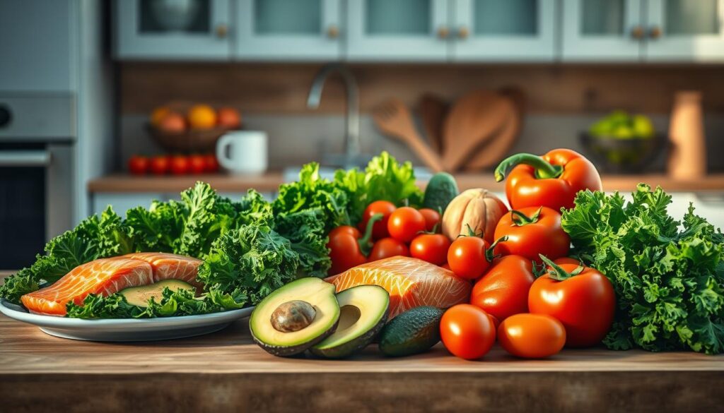 A minimal kitchen with wooden textures and light blue accents showcases an array of nutrient-rich ingredients. Fresh salmon fillets, vibrant green kale leaves, ripe avocados, juicy tomatoes, and a variety of colorful bell peppers are artfully arranged on the countertop, bathed in warm, natural lighting. The composition emphasizes the simplicity and nutritional value of these wholesome, high-protein meal components, ready to be transformed into a delicious and time-efficient lunch.