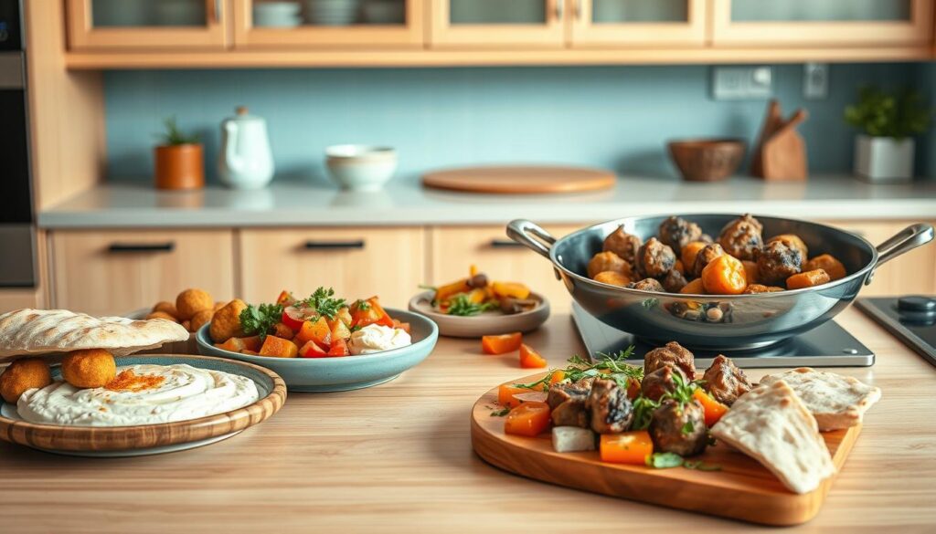 A minimalist Mediterranean kitchen with warm wooden tones and light blue accents showcases an array of vibrant Middle Eastern-inspired fusion dishes. On the countertop, a platter of fragrant falafel, creamy hummus, and colorful tabbouleh salad is complemented by freshly baked pita bread. Alongside, a sizzling pan of spiced lamb kofta and roasted vegetables, the aromas wafting through the air. Soft, diffused lighting illuminates the scene, capturing the comforting, homemade atmosphere.