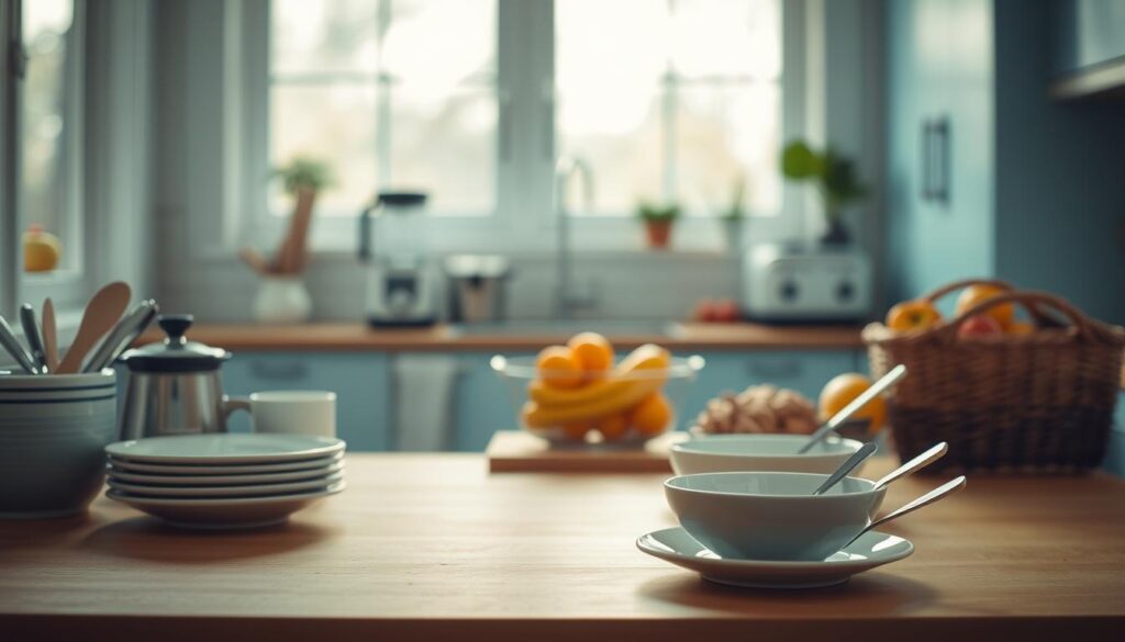 A minimalist and efficient kitchen scene filled with the tools and ingredients for a quick, nutritious breakfast assembly. In the foreground, neatly arranged bowls, plates, and utensils sit on a wooden countertop, hinting at the preparation to come. The middle ground features a blender, toaster, and fruit basket, all positioned with careful consideration. Soft, diffused lighting from large windows bathes the scene in a warm, inviting glow, complemented by subtle blue accents on the cabinetry. The background fades into a blurred, calming atmosphere, allowing the organized, productive setup to take center stage.