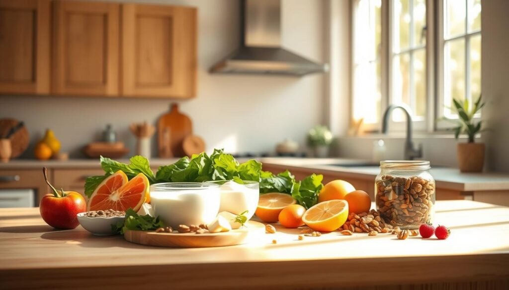 A minimalist, bright kitchen with natural light streaming through large windows, casting a warm glow on the wooden countertops and cabinets. On the counter, an assortment of fresh, colorful ingredients arranged in a visually appealing manner - sliced fruits, leafy greens, nuts, and yogurt in glass jars. The scene conveys the effortless simplicity and nutritional benefits of no-cook meal prep, perfect for hot weather when the last thing one wants to do is cook. The overall atmosphere is calming, inviting, and focused on the vibrant, wholesome components of a satisfying, no-fuss meal.