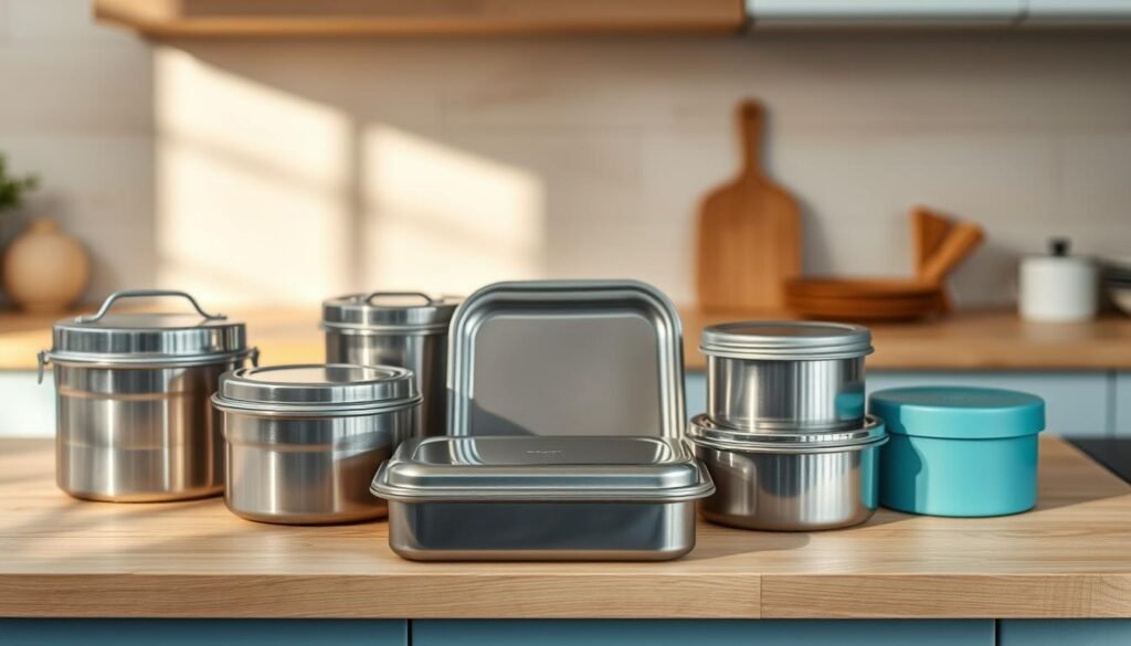 A minimalist collection of stainless steel lunch boxes in various sizes, shapes, and designs, showcased on a wooden kitchen counter with light blue accents. Soft, natural lighting casts gentle shadows, highlighting the sleek, durable surfaces and thoughtful details of these practical, yet stylish storage solutions for no-heat lunchbox meals.