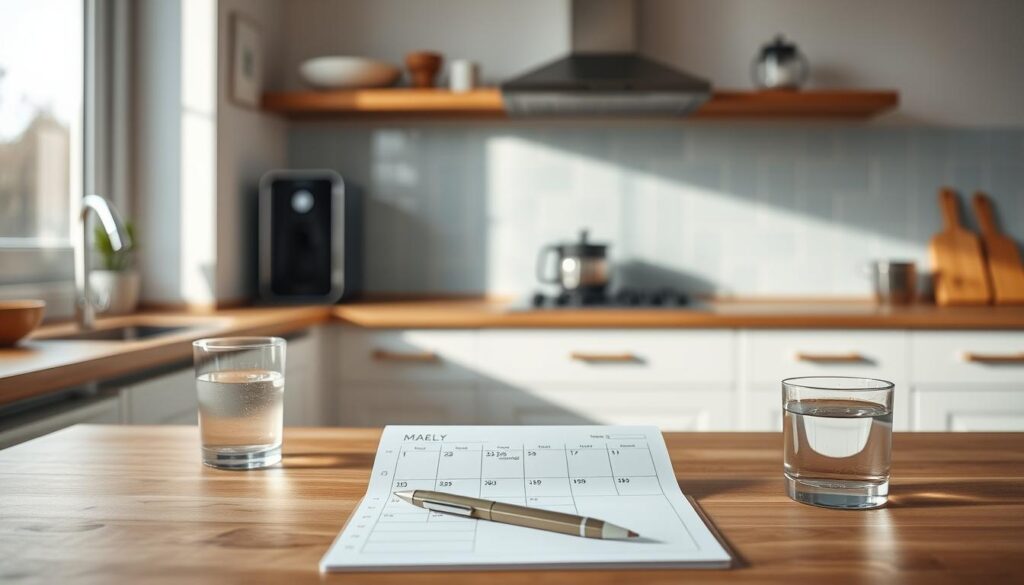 A minimalist kitchen bathed in soft, natural light, with wooden countertops, a light blue tile backsplash, and a sleek, monochrome appliance set. On the counter, a weekly meal planner with neatly organized notes, a pen, and a glass of water, conveying a sense of organized productivity. The scene exudes a calming, focused atmosphere, inviting the viewer to envision a consistent, sustainable weekly routine for high-protein lunch preparation.