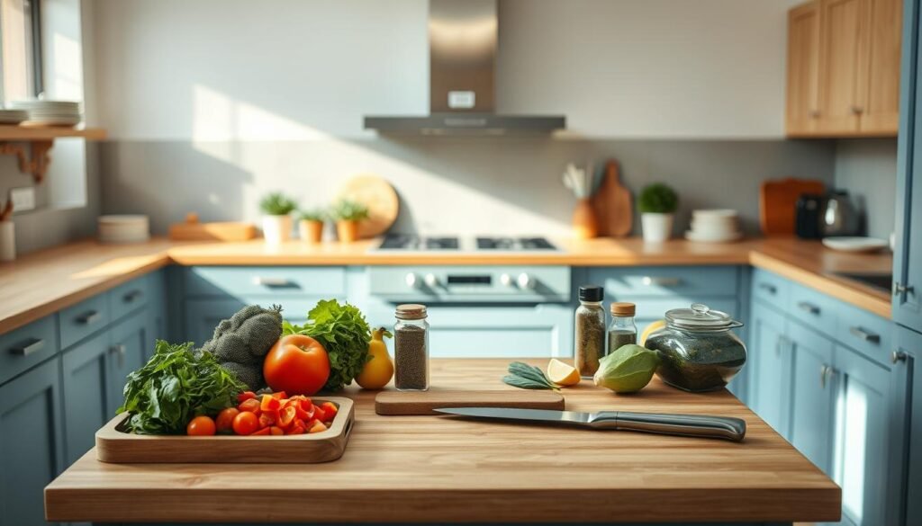 A minimalist kitchen bathed in soft, natural light, wooden countertops and cabinets accentuated by muted blue accents. On the central island, an array of meal prep tools and ingredients - freshly chopped vegetables, a set of neatly organized spices, a chopping board, and a shiny, stainless steel knife. The scene exudes a sense of calm, organized efficiency, ideal for mastering the art of meal prepping for the week ahead.