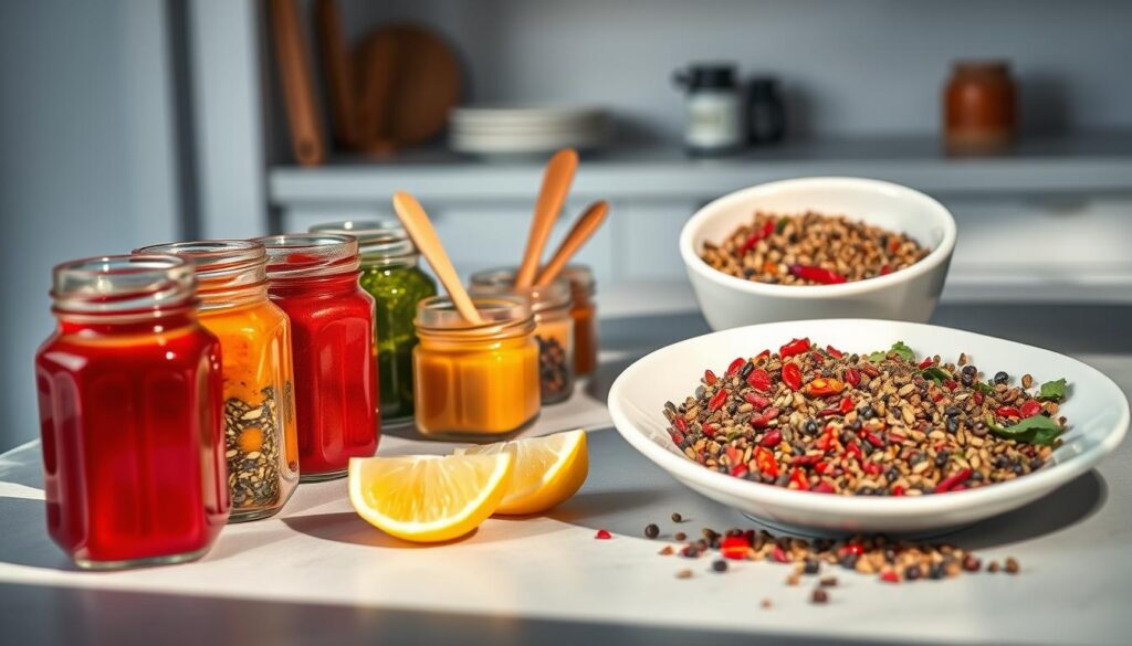 A minimalist kitchen counter displays an array of vibrant, artfully arranged sauces and seasonings. In the foreground, glass jars filled with bold, aromatic spices and herbs cast warm, inviting shadows. The middle ground features a selection of handcrafted dipping sauces, their colors ranging from deep crimson to vibrant emerald green, accented by wooden utensils and a fresh lemon wedge. In the background, a white ceramic dish showcases a medley of crushed peppercorns, dried chili flakes, and fragrant fennel seeds, illuminated by soft, diffused lighting. The overall scene evokes a sense of culinary creativity and the promise of zesty, flavorful meals.