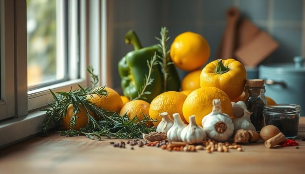 A minimalist kitchen counter displays an assortment of fresh, vibrant ingredients - juicy lemons, fragrant rosemary sprigs, crisp green bell peppers, earthy garlic bulbs, and a variety of aromatic spices. The natural light filters in through a nearby window, casting a warm, soft glow over the scene. The textures of the wooden surface and light blue accents create a cozy, calming atmosphere, inviting the viewer to explore the delicious flavor pairings. This still life captures the essence of a healthy, flavorful meal prep.