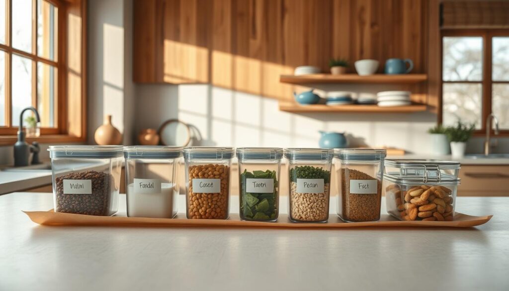 A minimalist kitchen counter, its surface adorned with matte-finish parchment paper, serves as the stage for a well-organized meal prep setup. Sleek glass containers, their contents neatly labeled, stand in perfect alignment, bathed in the soft, natural light filtering through large windows. The warm, wooden textures of the cabinetry and shelving create a cozy, inviting ambiance, complemented by subtle blue accents that lend a calming, contemporary touch. The entire scene conveys a sense of intentional order, reflecting the thoughtful preparation of nutritious, make-ahead meals.