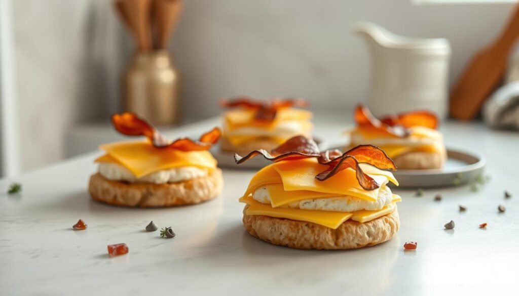 A minimalist kitchen counter showcases a neatly arranged spread of homemade breakfast sandwiches. The golden-brown english muffins are topped with fluffy egg patties, crispy bacon, and melted cheddar cheese. The sandwiches are positioned in a visually appealing manner, with a few stray ingredients like fresh herbs adding a touch of natural elegance. Warm, indirect lighting casts a soft glow, highlighting the inviting textures and subtle color palette. The overall atmosphere conveys a sense of simplicity, nourishment, and wellness, perfectly capturing the benefits of freezer-friendly breakfast sandwiches for weight management.