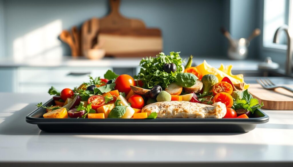 A minimalist kitchen counter showcases a sheet pan filled with an assortment of fresh, colorful vegetables, herbs, and lean protein. Soft, natural lighting floods the scene, casting a warm, inviting glow. The pan's matte black finish contrasts beautifully with the light blue-toned cabinetry and wooden cutting board in the background. A few simple cooking utensils rest nearby, hinting at the simplicity and ease of sheet pan cooking. The overall atmosphere exudes a sense of culinary confidence and nourishment, perfectly embodying the 