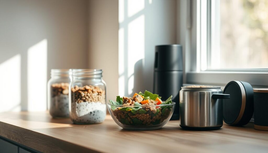 A minimalist kitchen counter showcases a variety of no-refrigeration meal prep containers: glass jars filled with overnight oats, a plant-based protein salad in a bowl, and a thermos containing a hot grain-based dish. Soft natural lighting filters through a nearby window, highlighting the earthy tones and textures of the wooden surfaces. The overall scene conveys a sense of simplicity, organization, and culinary creativity, perfectly suited for an introduction to no-refrigeration meal prep.
