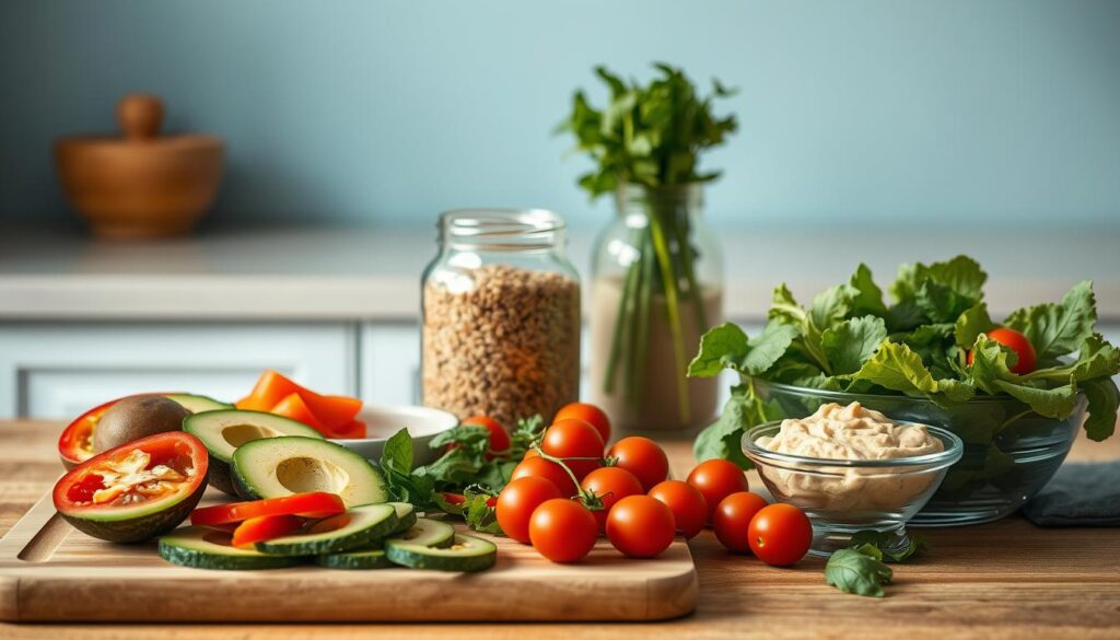A minimalist kitchen counter showcases an array of fresh, vibrant ingredients for creating nourishing wraps and bowls. In the foreground, a cutting board displays sliced avocado, crisp bell peppers, and juicy cherry tomatoes. Beside it, a glass bowl overflows with leafy greens, accompanied by a small dish of creamy hummus. In the middle ground, a mason jar filled with whole grain brown rice stands tall, while a bundle of fresh herbs adds a pop of green. The background features a soft blue-tinted wall, complementing the natural wood tones and creating a calming, inviting atmosphere. Warm, diffused lighting casts a gentle glow over the scene, highlighting the vibrant colors and textures of these essential ingredients for crafting balanced, delicious cold lunch recipes.