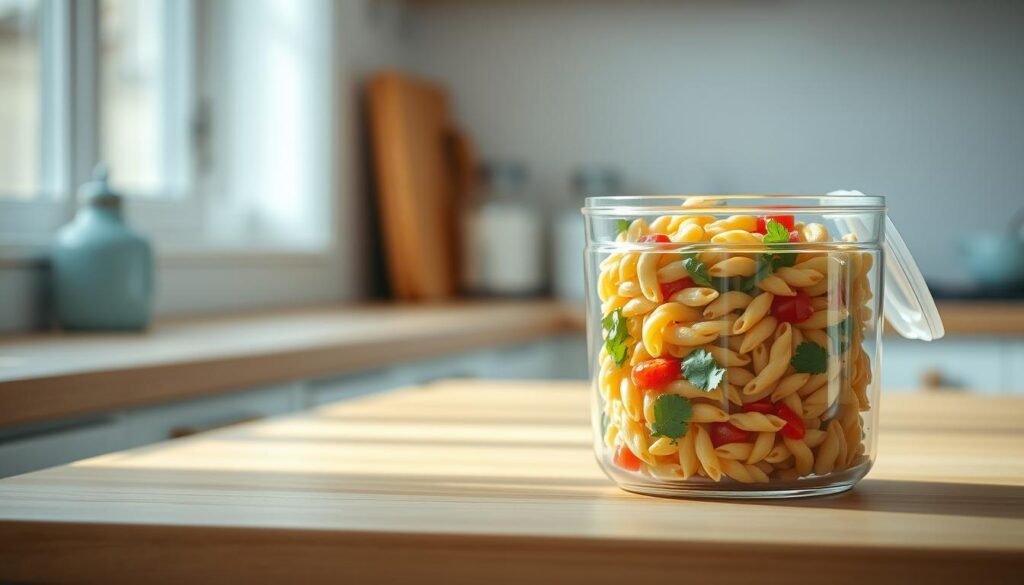 A minimalist kitchen countertop, its smooth wooden surface complemented by light blue accents. An airtight glass container holds a vibrant pasta salad, its medley of vegetables, herbs, and pasta glistening under the soft, diffused lighting. The container's lid is slightly ajar, hinting at the fresh, tantalizing flavors within. The scene exudes a sense of serene organization, inviting the viewer to imagine the perfect way to store and serve this delectable cold lunch.
