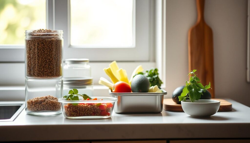 A minimalist kitchen countertop showcases an assortment of eco-friendly meal prep ingredients: a glass container filled with dried lentils, a metal bento box with a selection of fresh vegetables, a wooden cutting board with a few avocados, and a small ceramic bowl holding a bundle of fresh herbs. Soft natural light filters through a nearby window, creating a warm, inviting atmosphere. The overall scene conveys a sense of simplicity, sustainability, and a commitment to healthy, waste-conscious eating.