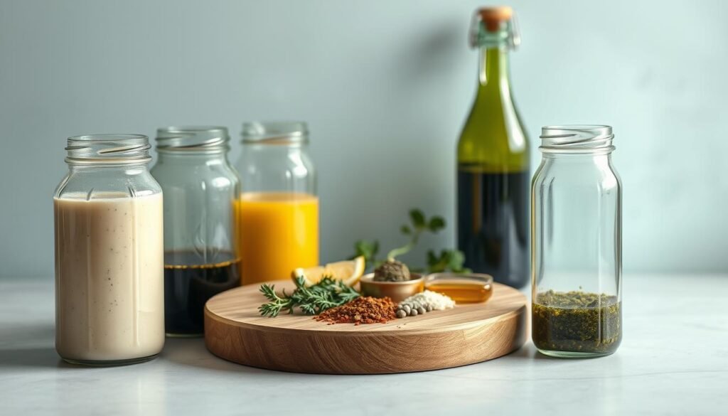 A minimalist kitchen countertop showcases an assortment of homemade dressings and sauces, each in a sleek glass jar or bottle. The foreground features a variety of flavors - creamy garlic, tangy balsamic, zesty lemon, and savory herb. In the middle ground, a wooden cutting board with fresh herbs, spices, and a drizzle of olive oil complements the jars. The background is a serene, light blue-toned wall, creating a calming, natural atmosphere. Soft, directional lighting illuminates the scene, highlighting the textures and colors of the homemade condiments, ready to elevate any work lunch meal.