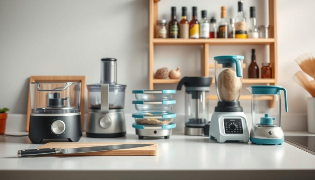 A minimalist kitchen countertop showcases an assortment of sleek, efficient meal prep tools. In the foreground, a high-quality chef's knife, a sturdy cutting board, and a compact food processor stand ready. In the middle ground, a set of nested glass storage containers, a digital kitchen scale, and a compact blender blend seamlessly with the light blue accents. The background features a wooden rack holding a variety of spices, oils, and other cooking essentials, illuminated by soft, natural lighting. The overall atmosphere is one of organization, functionality, and culinary inspiration.