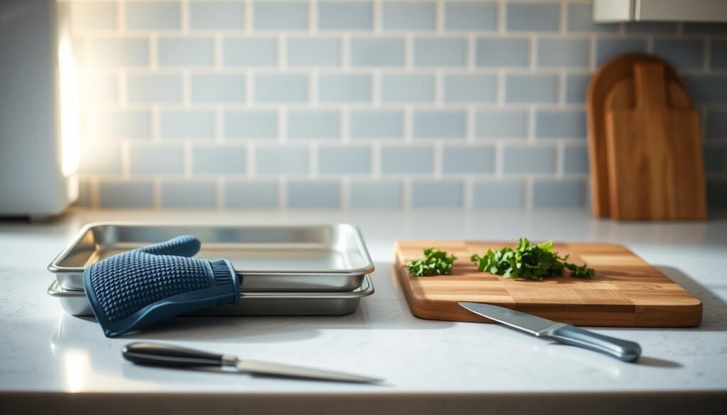 A minimalist kitchen countertop with a scattered arrangement of time-saving sheet pan tools and ingredients. Gleaming stainless steel baking sheets, silicone mitts, a sharp chef's knife, and a handful of fresh herbs sit against a backdrop of light blue subway tiles. Soft natural lighting filters in, casting a warm glow and highlighting the textures of the wooden cutting board. The overall mood is one of efficiency and culinary inspiration, inviting the viewer to explore clever tips for streamlining sheet pan meal prep.