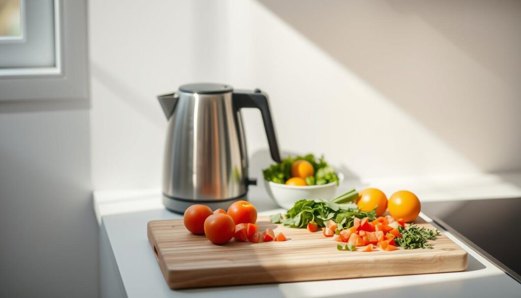 A minimalist kitchen countertop with a wooden cutting board, an electric kettle, and a small bowl of fresh fruit. Soft, natural lighting filters through the window, casting gentle shadows. A sleek, stainless steel appliance stands ready, its digital display indicating the time. Beside it, a variety of chopped vegetables and herbs are neatly arranged, suggesting a quick and efficient breakfast preparation. The overall atmosphere is relaxed and inviting, conveying the ease of whipping up a nutritious morning meal in mere minutes.