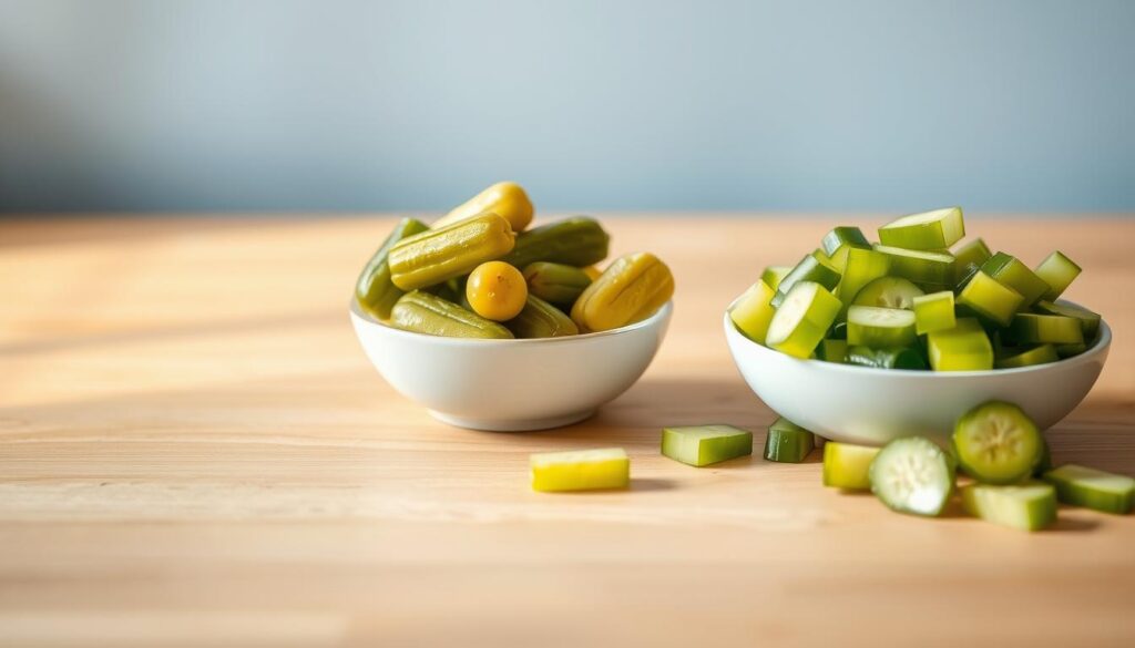 A minimalist kitchen countertop with two small bowls, one containing vibrant, homemade pickles in various shapes and colors, and the other with store-bought, uniformly cut pickles. Soft, natural lighting casts a warm glow, highlighting the textures of the wooden surface and the subtle blue tones of the background. The homemade pickles are irregularly shaped, with visible seeds and a range of hues from deep green to pale yellow, conveying a homemade, artisanal quality. The store-bought pickles, in contrast, appear more uniform and processed, with a distinct bright green color. The composition emphasizes the juxtaposition between the handcrafted, unique nature of the homemade pickles and the mass-produced, standardized appearance of the store-bought variety.