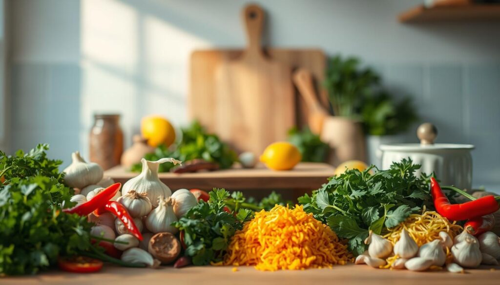 A minimalist kitchen filled with a variety of vibrant, fresh herbs, spices, and aromatic ingredients. In the foreground, an arrangement of colorful piles of ingredients like garlic, ginger, chili peppers, lemon zest, and fresh herbs, bathed in warm, natural lighting. In the middle, a wooden cutting board and a few simple kitchen tools, emphasizing the simple, homemade preparation. The background features subtle light blue accents, creating a calming and inviting atmosphere, complementing the rich colors of the flavorful ingredients.