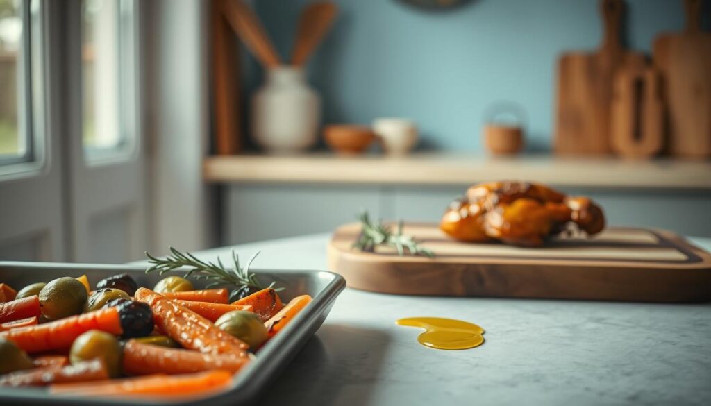 A minimalist kitchen filled with the aroma of oven-roasted vegetables and proteins. In the foreground, a sheet pan displays a medley of vibrant carrots, brussels sprouts, and tender chicken thighs, their skin glistening with a caramelized glaze. The middle ground features a wooden cutting board with a fresh sprig of rosemary and a drizzle of olive oil, complementing the earthy tones. The background showcases a light blue accent wall, adding a calming touch to the cozy scene, lit by natural light filtering through a nearby window.
