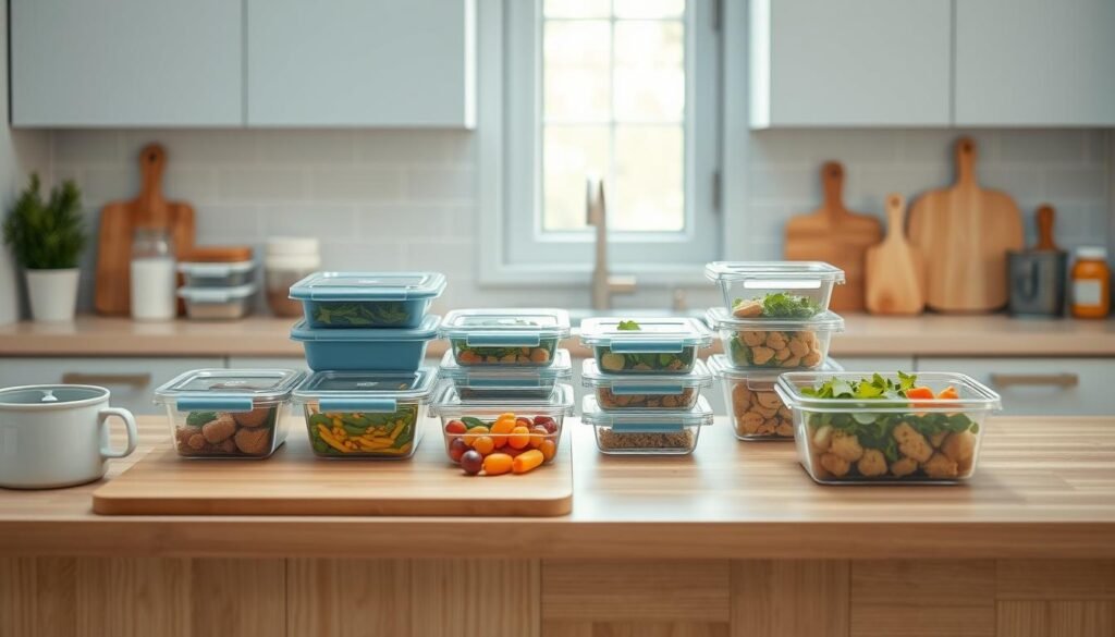 A minimalist kitchen filled with warm wooden textures and light blue accents. On the countertop, a variety of meal prep containers, chopping boards, and kitchen tools are neatly arranged, showcasing efficient time-saving hacks. The scene is softly lit, with natural light streaming in through a nearby window, creating a serene and organized atmosphere. The composition highlights the various meal prep techniques, such as portioning ingredients, pre-cooking, and utilizing smart storage solutions, all designed to streamline the process of creating nutritious and convenient one-container meals.