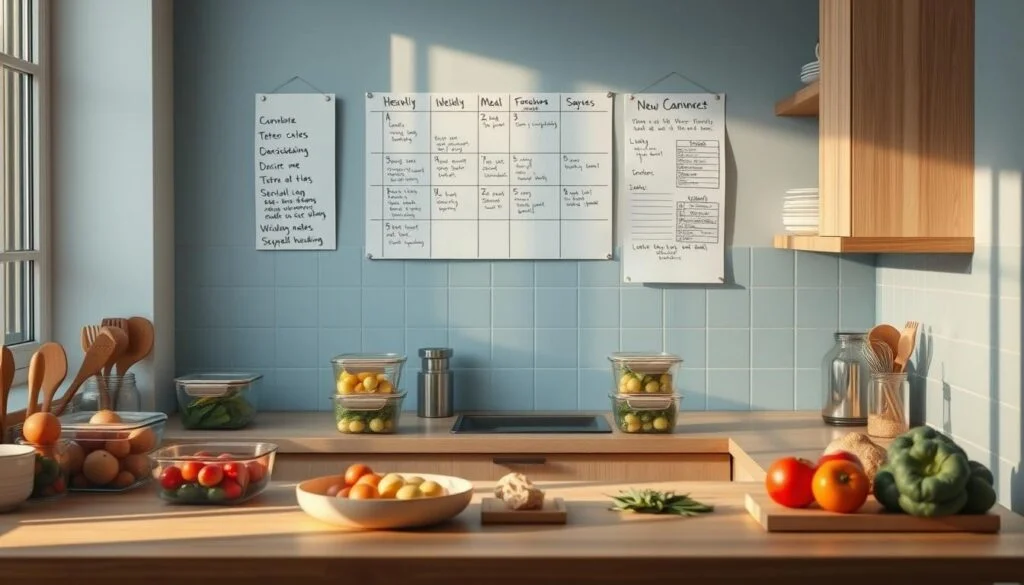 A minimalist kitchen in soft blue and natural wood tones, the countertops neatly lined with glass meal prep containers, fresh produce, and kitchen utensils. A weekly meal plan calendar hangs on the wall, with handwritten notes and reminders. The lighting is warm and inviting, casting a gentle glow over the organized scene, creating a calming atmosphere for planning a healthy, low-carb diet.