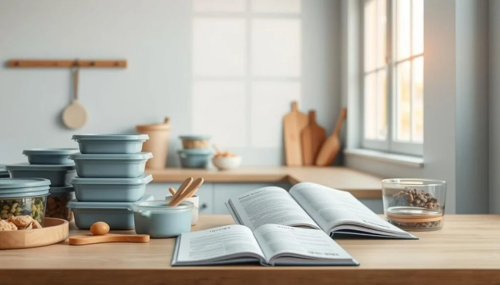 A minimalist kitchen in soft blue hues, wooden textures, and natural lighting. In the foreground, various meal prep containers and utensils are neatly arranged, conveying a sense of organization and efficiency. In the middle ground, a recipe book lies open, showcasing simple, wholesome meal options. The background features a large window, letting in the warm glow of the afternoon sun, creating a calming, stress-free atmosphere. The overall scene suggests thoughtful, purposeful meal preparation in a limited space, promoting a sense of control and well-being.