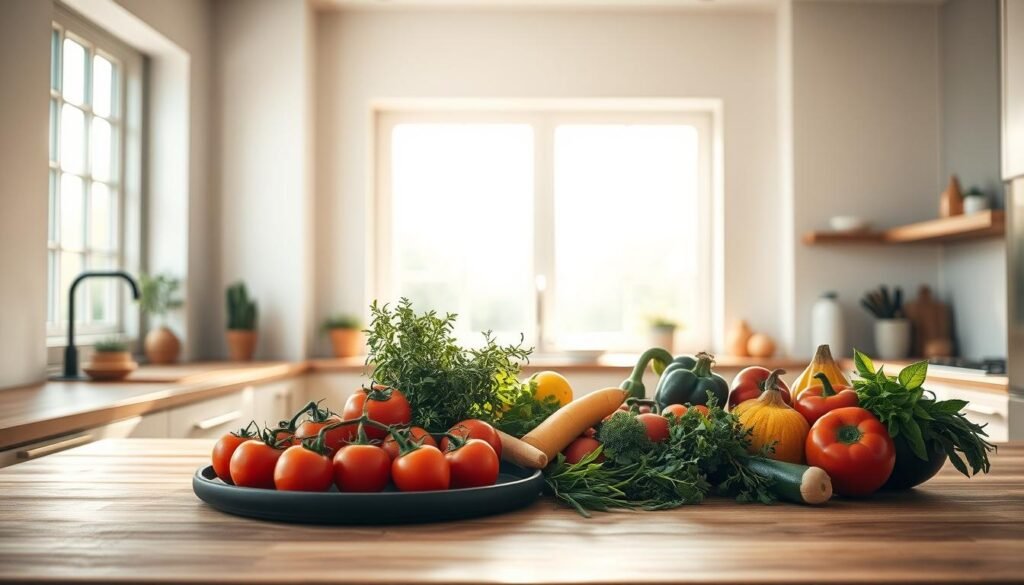 A minimalist kitchen interior bathed in warm, natural light filters through large windows, highlighting the clean lines and carefully curated selection of seasonal ingredients on the wooden countertop. Ripe tomatoes, fresh herbs, and a variety of colorful vegetables are arranged in an artful display, hinting at the flavorful, nourishing meals to come. The scene radiates a sense of intentionality and thoughtfulness, capturing the essence of strategic meal planning for maximum flavor.