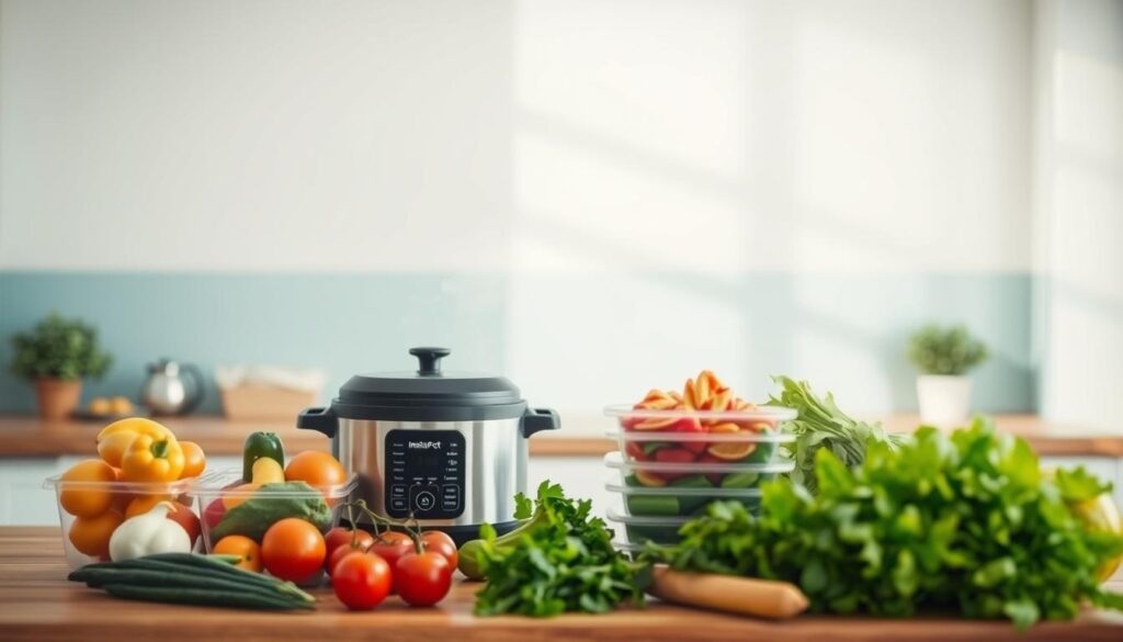 A minimalist kitchen interior with a clean, bright atmosphere. In the foreground, a variety of fresh ingredients and meal prep containers are neatly arranged on a wooden countertop. The middle ground features a modern appliance, such as a slow cooker or an instant pot, gently steaming, highlighting the importance of precise temperature control for food safety and optimal flavor. The background depicts a simple, calming wall with light blue accents, complementing the overall serene ambiance. The scene conveys the benefits of careful temperature management in meal prepping - preserving nutrients, preventing foodborne illnesses, and ensuring consistent, delicious results.