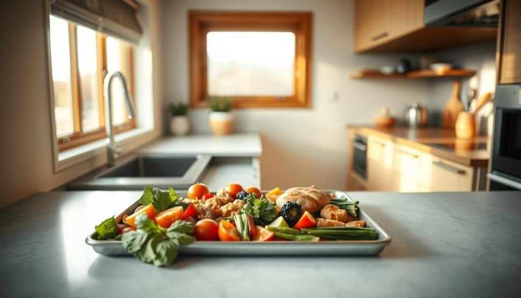 A minimalist kitchen interior with a sheet pan filled with a variety of fresh, colorful vegetables and proteins, arranged in an organized, efficient manner. Soft, natural lighting illuminates the scene, highlighting the clean, uncluttered countertops and wooden accents. The overall atmosphere conveys a sense of simplicity, organization, and meal preparation ease. The camera is positioned at a slight angle, capturing the full sheet pan and a portion of the kitchen environment, emphasizing the effortless, time-saving nature of this meal prep approach.