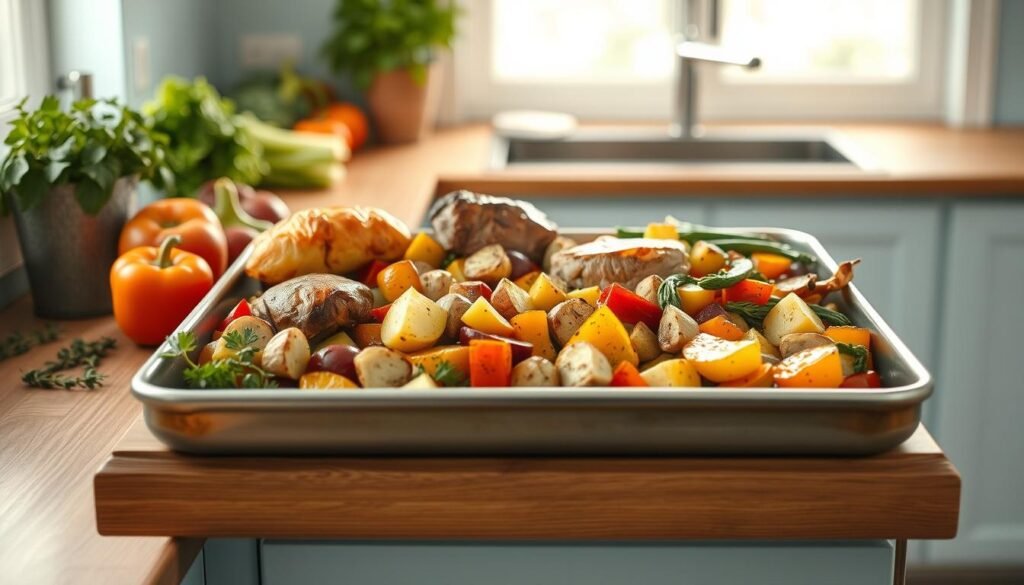 A minimalist kitchen interior with a wooden countertop and light blue accents. On the counter, an assortment of fresh, vibrant vegetables, herbs, and a large sheet pan filled with a variety of roasted meats, potatoes, and colorful roasted vegetables. Soft, natural lighting illuminates the scene, creating a warm, inviting atmosphere. The composition emphasizes the ease and simplicity of preparing a flavorful sheet pan meal, highlighting the benefits of this efficient cooking method.
