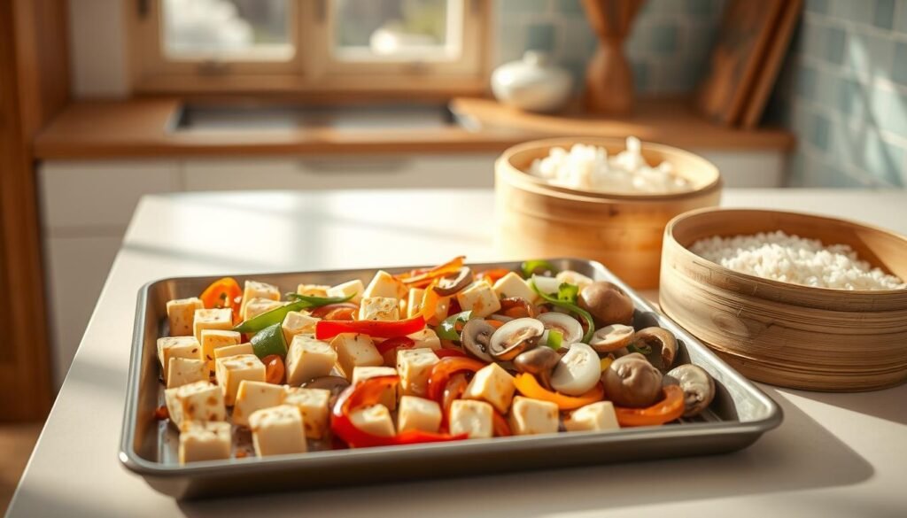 A minimalist kitchen interior with warm wooden accents, bright natural lighting, and light blue tile backsplash. On a sheet pan, freshly marinated tofu cubes, sliced bell peppers, onions, and mushrooms are arranged in an orderly grid. A bamboo steamer sits nearby, filled with fragrant jasmine rice. The scene conveys a sense of thoughtful, step-by-step preparation for a healthy, Asian-inspired meal.