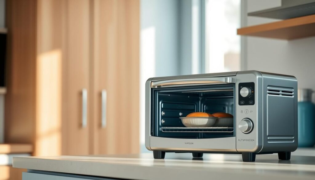 A minimalist kitchen interior with warm wooden textures and light blue accents. At the center, an oven toaster sits on a countertop, its metal door open, revealing crisply reheated food inside. Soft, even lighting illuminates the scene, casting gentle shadows and highlighting the toaster's sleek, modern design. The angle is slightly elevated, providing a clear view of the appliance's workings. The overall mood is one of efficiency and culinary expertise, perfect for illustrating the section on using oven and toaster ovens to reheat meals for a fresh, crisp taste.