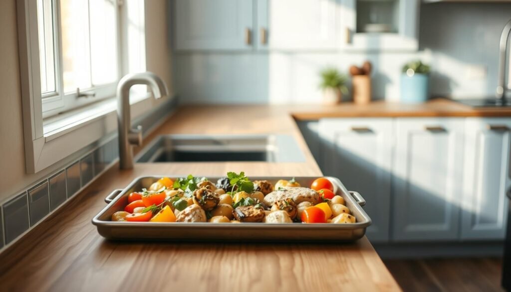 A minimalist kitchen scene, bathed in soft natural light filtering through a window. On a wooden countertop, a single baking sheet holds an assortment of roasted vegetables, fresh herbs, and a protein - a testament to the effortless clean-up of a one-pan meal. The pale blue tones of the cabinetry and accents create a calming atmosphere, inviting the viewer to envision the ease of preparing and tidying up a nourishing sheet pan dinner. The absence of hands in the frame heightens the sense of simplicity and efficiency, reflecting the uncomplicated nature of this meal preparation method.