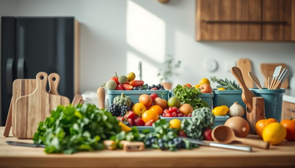 A minimalist kitchen scene featuring an assortment of whole food ingredients and preparation tools. In the foreground, an array of cutting boards, knives, and spatulas are neatly arranged on a wooden countertop. In the middle ground, a range of fresh produce such as leafy greens, berries, and citrus fruits are displayed in subtle blue-tinted containers. The background showcases a simple, light-filled space with wooden cabinetry and a small potted plant, creating a calming, natural atmosphere. The lighting is soft and diffused, highlighting the textures and colors of the ingredients. The overall composition emphasizes the elegance and efficiency of whole food meal preparation techniques.