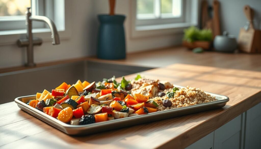 A minimalist kitchen scene with a large sheet pan placed on a wooden counter, showcasing a variety of adaptable recipes. Colorful roasted vegetables, lean protein, and grains are neatly arranged, reflecting a balanced, nutritious meal. Soft, natural lighting filters through a window, casting warm shadows and highlighting the textures of the ingredients. The composition emphasizes the versatility of sheet pan cooking, with a clean, uncluttered aesthetic that complements the article's subject matter. Muted blue accents in the kitchen decor add a soothing, calming atmosphere.
