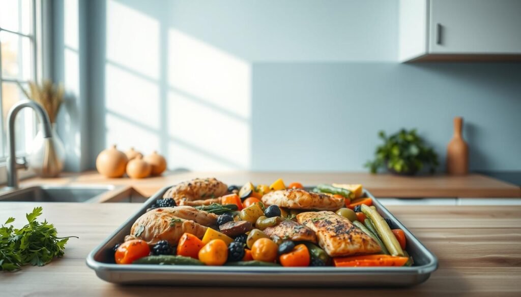 A minimalist kitchen scene with a light blue accent wall, wooden countertops, and a sheet pan filled with a variety of roasted vegetables, herbs, and protein. The sheet pan is the focal point, showcasing a range of delectable recipes from juicy roasted chicken to tender roasted salmon and colorful veggies. Soft, natural lighting illuminates the scene, creating a warm and inviting atmosphere. The camera angle is slightly elevated, capturing the sheet pan in an appealing, top-down perspective.