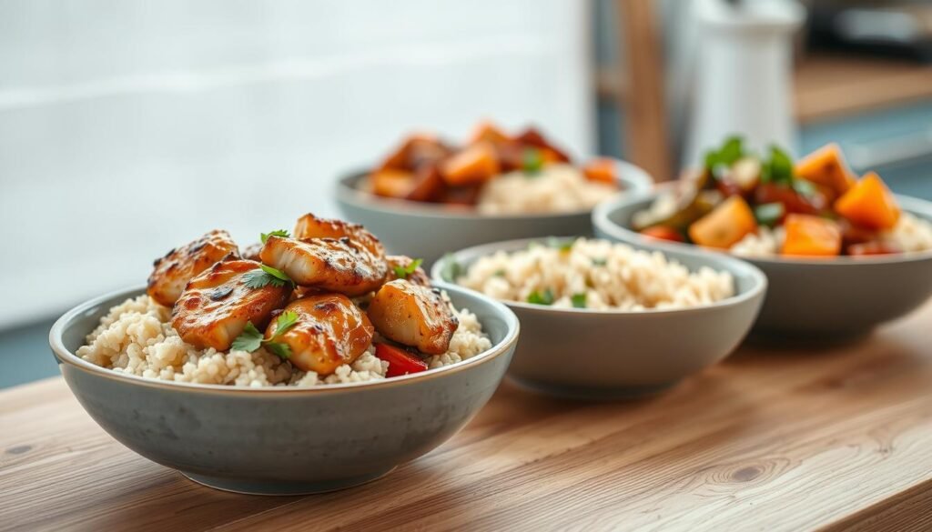 A minimalist kitchen scene with a wooden countertop, light blue accents, and no hands. In the foreground, three meal prep bowls filled with tender chicken shawarma, fluffy couscous, roasted vegetables, and fresh herbs. The chicken glistens with a fragrant marinade, and the bowls are arranged neatly, showcasing the vibrant colors and textures of the Middle Eastern-inspired meal. Soft, natural lighting illuminates the scene, creating a cozy and inviting atmosphere. The composition emphasizes the meal's freshness and homemade quality, perfectly capturing the essence of office-friendly, nutritious Middle Eastern cuisine.