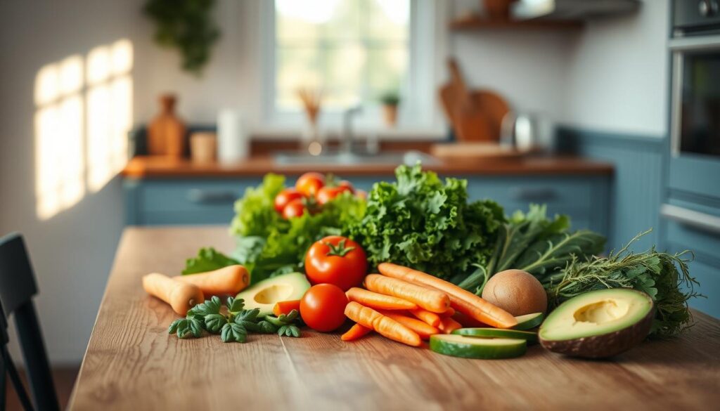 A minimalist kitchen scene with a wooden table and light blue accents. On the table, a variety of fresh, vibrant ingredients are arranged neatly: crisp greens, juicy tomatoes, crunchy carrots, and creamy avocado slices. The lighting is soft and natural, casting a warm glow on the scene. The composition is balanced, with the produce taking center stage. The overall mood is one of simplicity, freshness, and a sense of effortless, healthy eating.