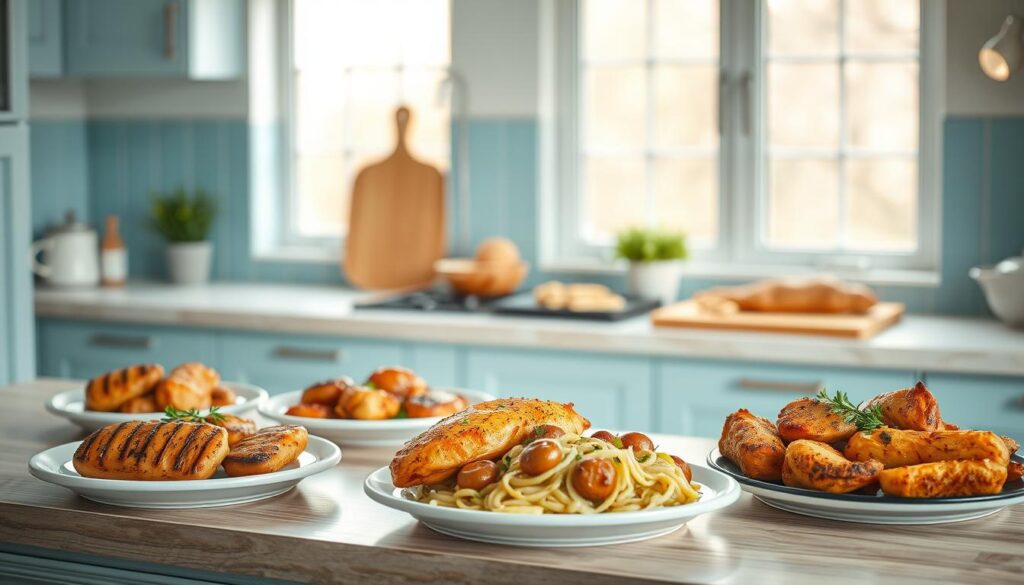A minimalist kitchen setting with light blue accents and wooden textures. On the counter, several quick chicken dishes arranged neatly, each one a different preparation - grilled, sautéed, and baked. The food is presented in an appetizing manner, with vibrant colors and textures that draw the eye. Natural lighting from a large window creates a warm, inviting atmosphere, casting a soft glow over the scene. The overall composition is balanced and visually appealing, showcasing a variety of easy, under 30-minute chicken recipes that are perfect for a quick weeknight dinner.