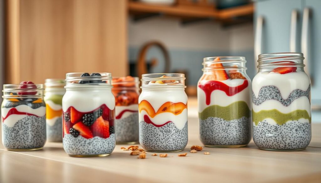 A minimalist kitchen setting with warm wooden textures and light blue accents. In the foreground, an array of mason jars filled with creamy chia seed yogurt combos, each showcasing a unique flavor profile - from vibrant berry compote to earthy matcha swirls. The jars are arranged artfully, their glass exteriors reflecting the soft, diffused lighting that bathes the scene. In the middle ground, a few key ingredients, such as fresh fruit, crunchy granola, and a drizzle of honey, add visual interest and suggest the wholesome, nourishing nature of these portable breakfast treats. The background fades into a minimalist, clutter-free space, allowing the jars to take center stage as the star of this cozy, serene kitchen vignette.