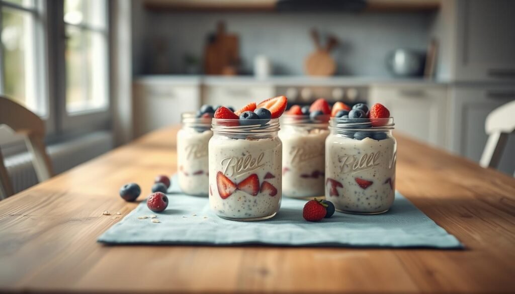 A minimalist kitchen table with a light blue runner, wooden textures, and clean lines. In the center, three wide-mouth mason jars filled with creamy, cloud-like overnight oats, topped with fresh berries, a drizzle of honey, and a sprinkle of toasted coconut. Soft, natural lighting from a nearby window casts a warm, cozy glow on the scene. The jars are arranged artfully, with a sense of simplicity and intentionality. No hand is visible, allowing the focus to remain solely on the delicious and nutritious breakfast.