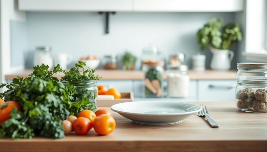 A minimalist kitchen with light blue accents and natural wood textures sets the scene for a serene "clean eating" tableau. Crisp vegetables, freshly chopped herbs, and glass storage containers filled with wholesome ingredients populate the counter, conveying the idea of thoughtful meal preparation. The bright, natural lighting highlights the simplicity and purity of the scene, creating a sense of wellness and virtue. A single, elegant place setting suggests the culmination of this healthy endeavor - a nourishing, homemade meal enjoyed mindfully. The overall atmosphere is one of calm, intentional living, reflecting the principles of the "clean eating" lifestyle.