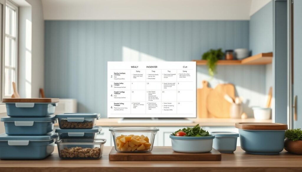 A minimalist kitchen with light blue accents and wooden textures, bathed in soft, diffused lighting. In the foreground, various meal prep containers, chopping boards, and cooking utensils are neatly arranged, conveying a sense of organization and efficiency. The middle ground features a stylized weekly meal planner, with ingredient lists and simple recipes, hinting at the time-saving strategies for the week ahead. In the background, a few healthy, fresh ingredients like vegetables and herbs suggest the nutritious focus of the meal prep. The overall atmosphere is calm, organized, and geared towards making the most of limited time.