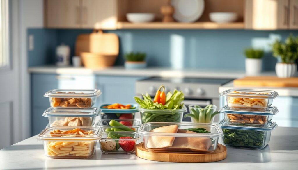A minimalist kitchen with light blue accents and wooden textures sets the stage for a photoshoot showcasing low-carb meal prep strategies. On the countertop, an assortment of meal containers, fresh vegetables, and lean protein sources are neatly arranged, suggesting efficient organization and planning. The scene is bathed in soft, natural lighting, creating a calming, inviting atmosphere. The camera angle captures the arrangement from a slightly elevated perspective, emphasizing the thoughtful composition and the practical solutions for maintaining a healthy, low-carb diet in an office setting.
