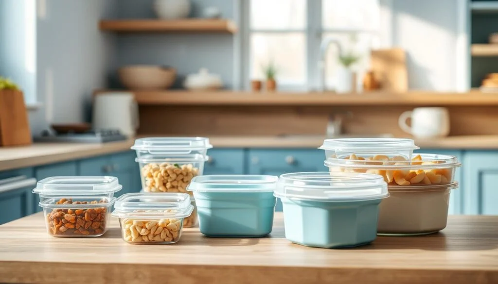 A minimalist kitchen with light blue accents and wooden textures showcases an assortment of portion-control containers in various sizes, arranged neatly on a wooden surface. The containers are made of high-quality, BPA-free materials, with clear lids for easy visibility of the contents. The lighting is soft and diffused, creating a warm, inviting atmosphere that emphasizes the organization and efficiency of the meal prep setup. The image captures the practical and visually appealing nature of these specialized containers, intended to help office workers achieve their portion control and meal planning goals.