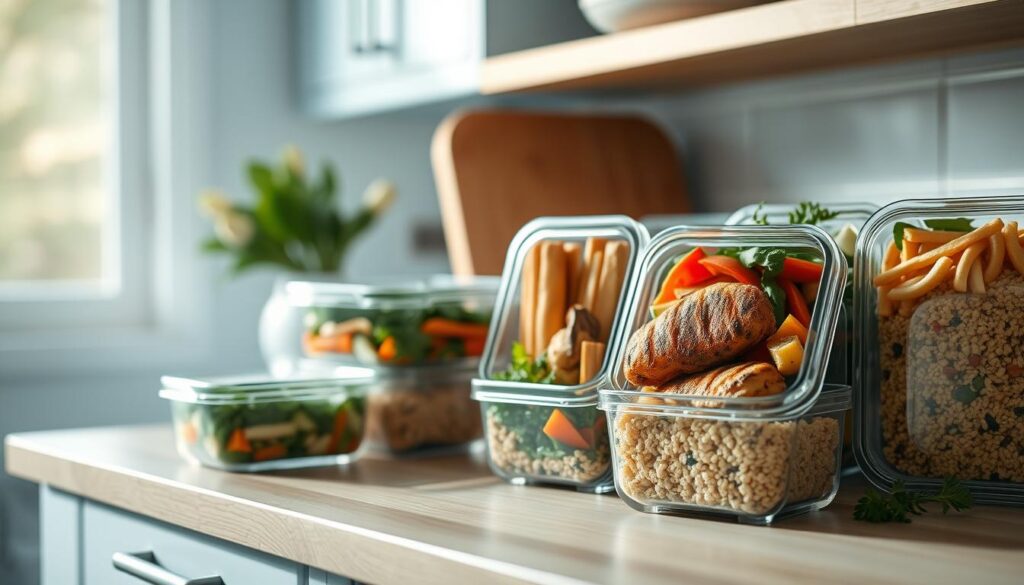 A minimalist kitchen with light blue accents and wooden textures. On the countertop, various meal prep containers filled with healthy, flavorful ingredients - grilled chicken, roasted vegetables, quinoa, and fresh herbs. Soft, natural lighting illuminates the scene, creating a cozy, inviting atmosphere. The focus is on the variety of nutrient-dense options, showcasing how to boost work lunch flavors without extra calories. The overall composition emphasizes simplicity, organization, and a commitment to nourishing, delicious meals.