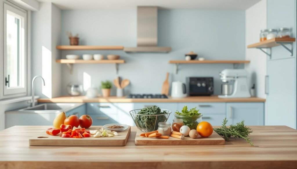 A minimalist kitchen with light blue accents, clean wooden surfaces, and strategic organization. Visible prep zones include a cutting board area with an array of freshly chopped vegetables, a mixing station with neatly arranged spices and seasonings, and a clean countertop primed for assembly. The bright, natural lighting illuminates the scene, casting gentle shadows and highlighting the efficient layout. A sense of calm focus permeates the space, optimized for a seamless meal prep experience.