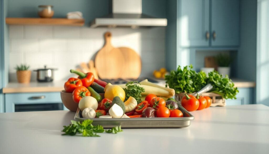 A minimalist kitchen with light blue accents, natural wooden textures, and warm ambient lighting. On a clean, clutter-free countertop, an array of fresh ingredients neatly arranged - a selection of vegetables, herbs, and a sheet pan, ready to transform into a delicious one-pan dinner. The scene exudes a sense of calm and organized efficiency, inviting the viewer to embark on a satisfying culinary adventure.